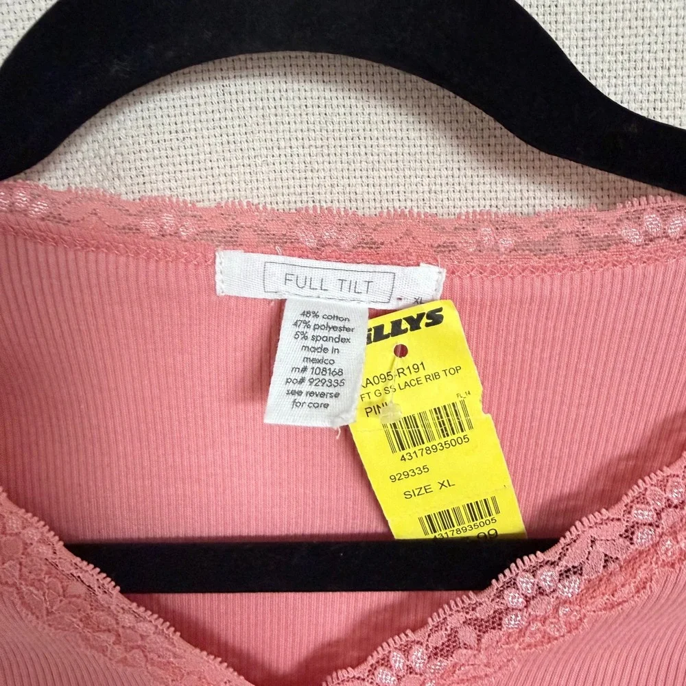 Full Tilt Girls Pink Ribbed Lace Trim V-Neck Short Sleeve Top Size XL NWT